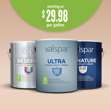 Reserve, Ultra and Signature interior paints on a pink background. Ultra has a “starting at 29.98 per gallon” burst on it.